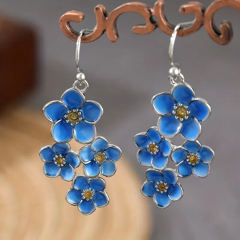 Bohemian Vintage Blue Enamel Dangle Earring for Women Handmade Birth Flower Earrings Parties Jewelry Gifts