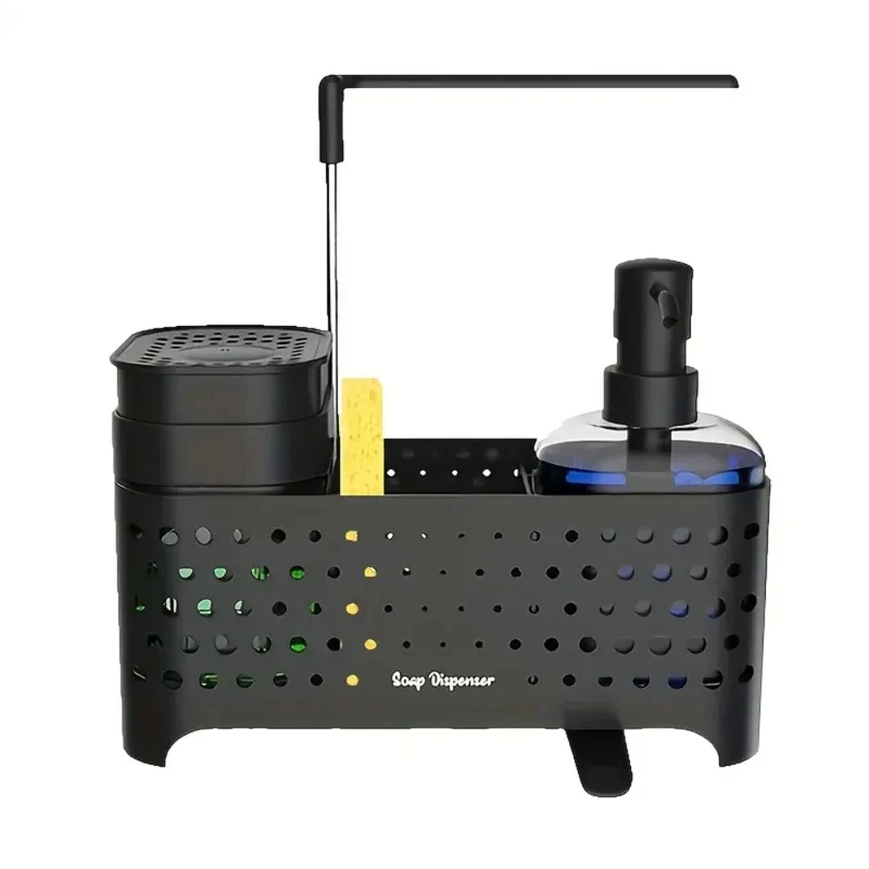 Kitchen Sink Caddy Set Deep Compartments Cleaning Tools Accsori Including Soap Dispenser Towel Rack Black