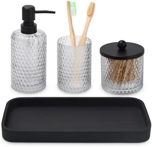 

4-Piece Clear Glass Bathroom Set with Resin Tray & Dispensers – Crystal Clear Vanity Organizer
