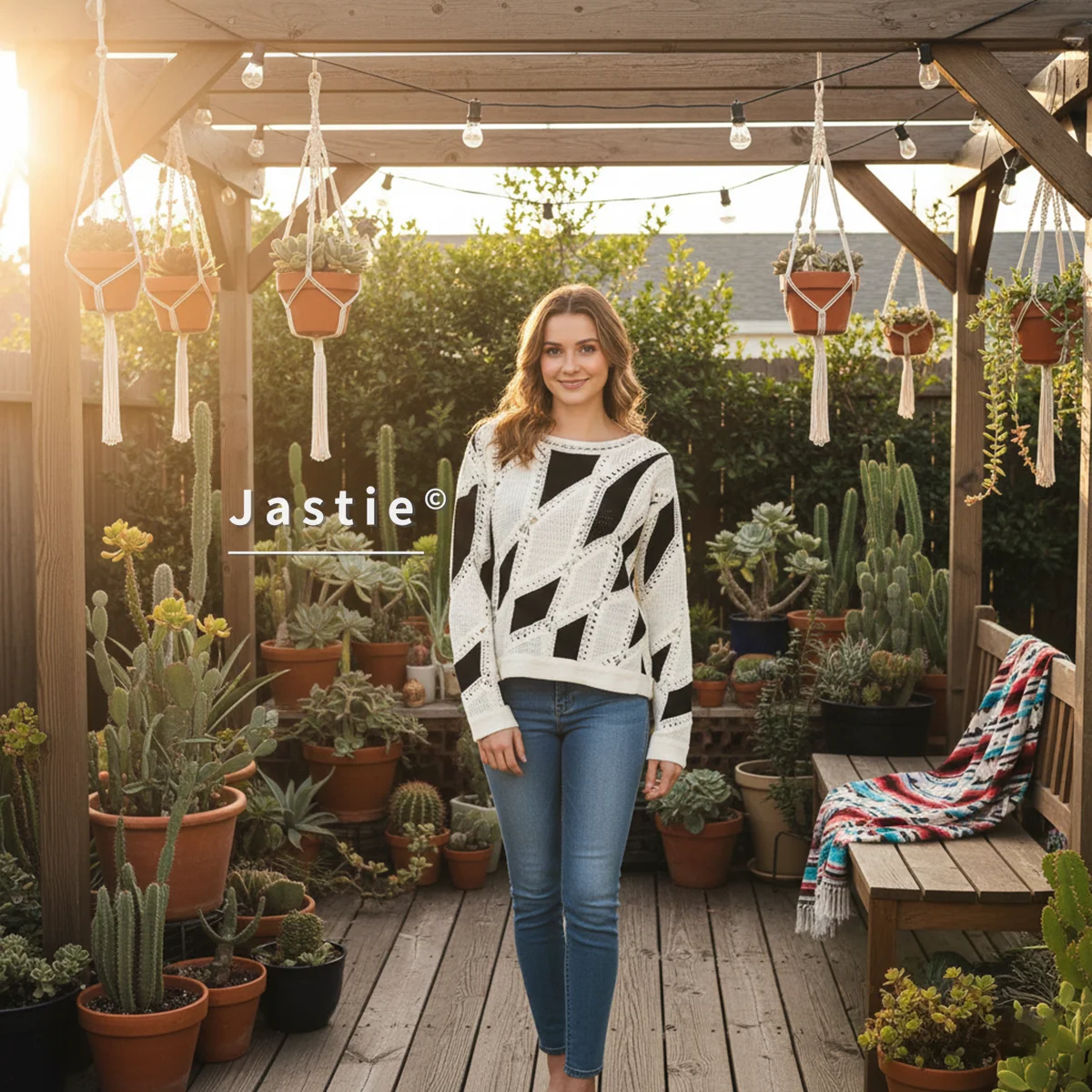 เสื้อสเวตเตอร์ถักลายเรขาคณิตสีดำขาว คอทรงโอ แขนยาว ทรงหลวม ลายลูกไม้ สไตล์โบฮีเมียน สำหรับผู้หญิง