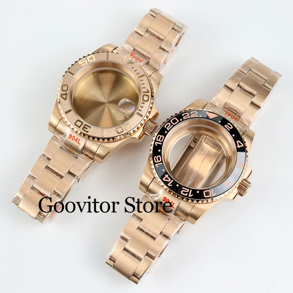 40mm Rose Gold NH35 watch Case With oyster Bracelet Sapphire Glass waterproof fit sub yacht NH34 NH35 NH36 movement 28.5mm dial