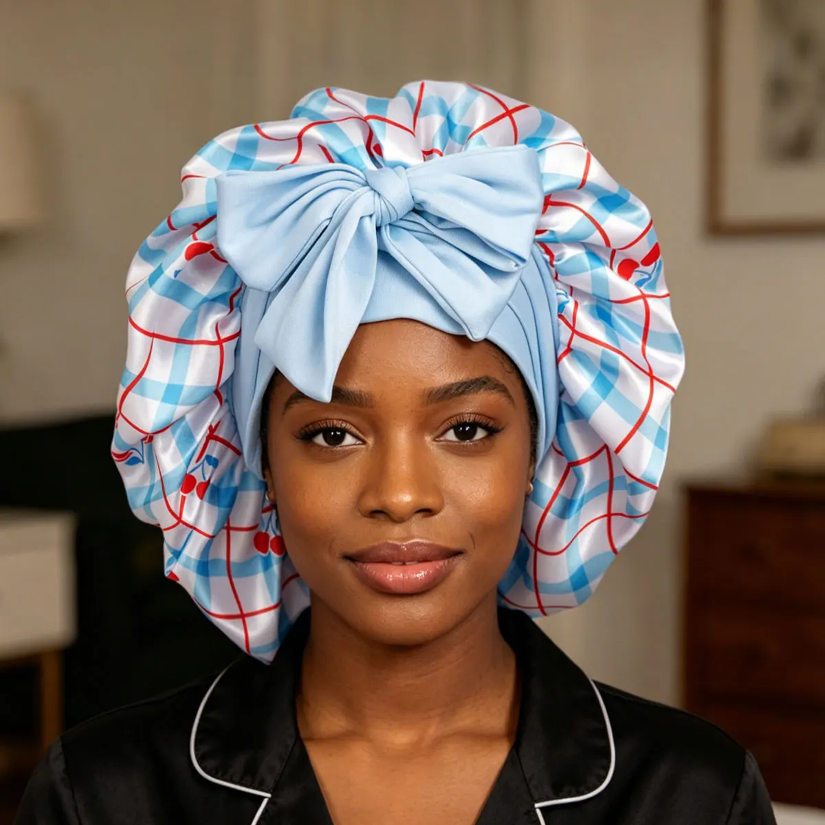 Cherry Plaid Print Extra Large Satin Sleep Cap with Elegant Big Bow Design Lightweight Elastic Bathroom/Shower Cap for Ladies