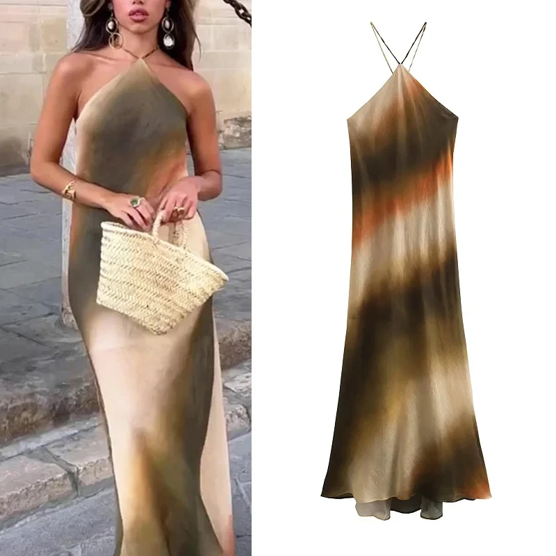 

Халат длинный mi-longue pour femmes, теннисное вечернееée Sina technicgante, col licou, mode dames, sans manches, dos nu, été, 2024