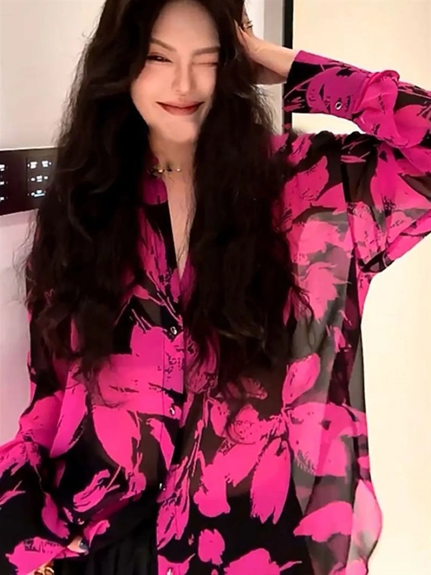 Loose  Neck Long Sleeve Shirt Women's Casual Print Gradient Dyeing Spring Autumn Fashion Korean Style Floral Top