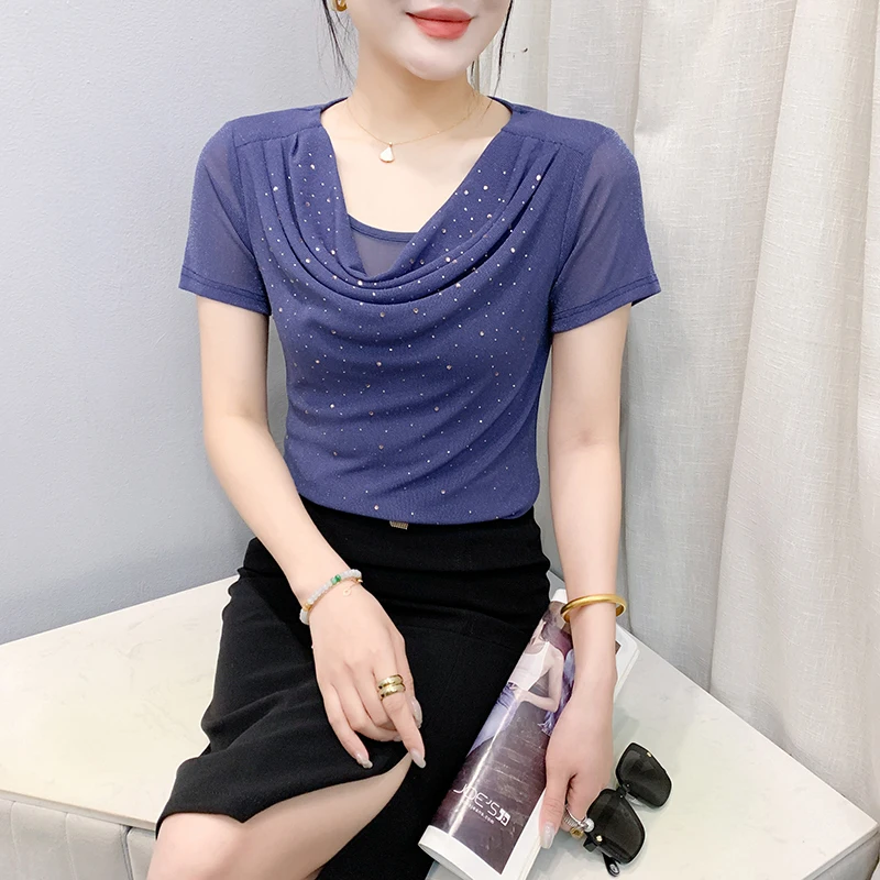 MadBlack – europäisches Damen-T-Shirt, sexy O-Ausschnitt, Diamant, Streetwear, kurzärmelig, schmales S-3XL-Mesh-T-Shirt, 2025, Sommer, neu, T53803CC