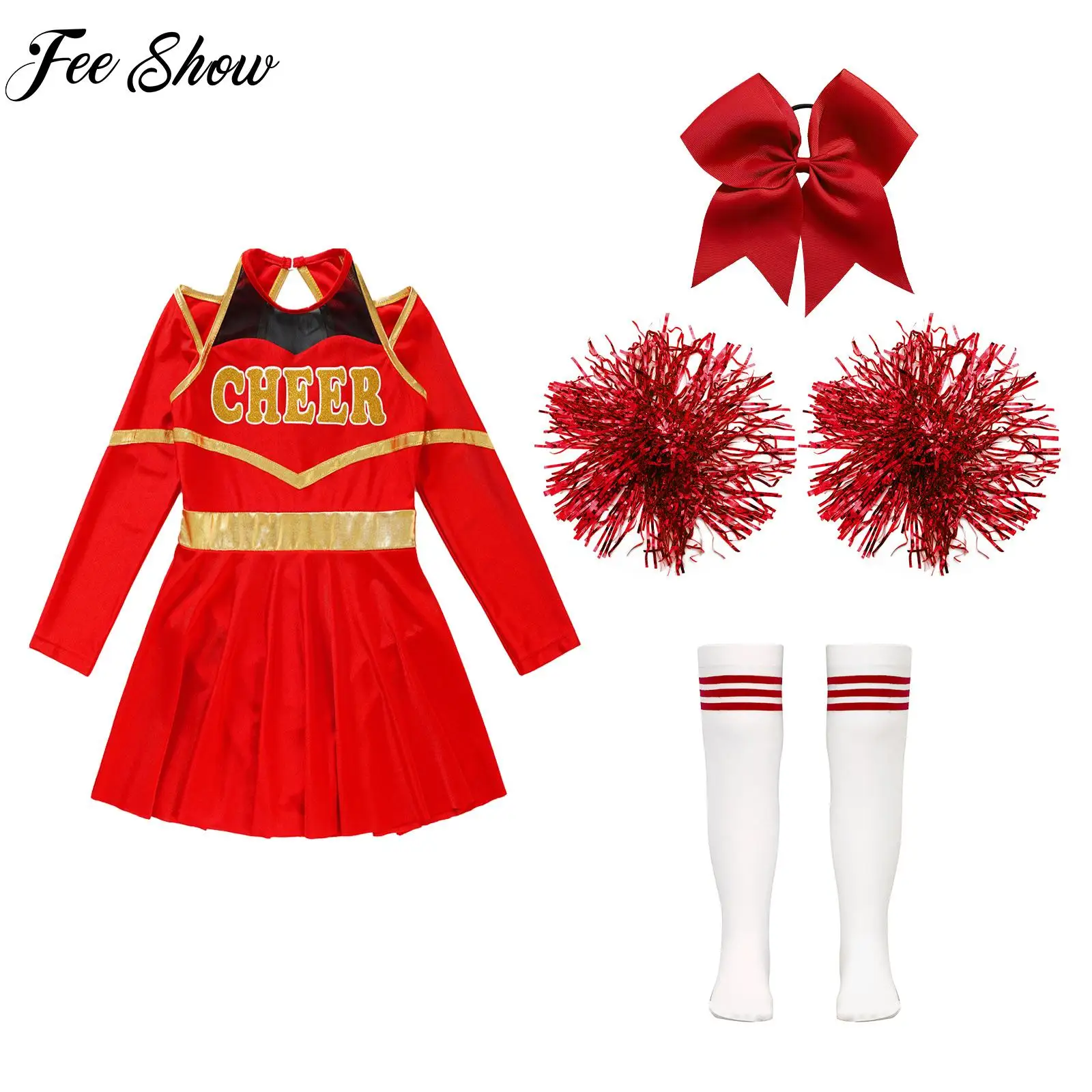 

Girls Cheerleading Uniform Kids Cheerleader Outfits Modern Dance School Sports Meeting Performance Costume Long Seleeve Leotards