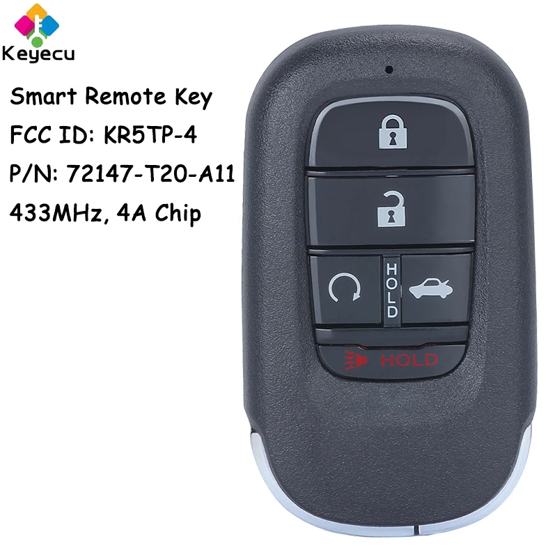 

KEYECU Smart Remote Control Car Key With 5 Buttons 433.92MHz 4A Chip for Honda Accord 2022 Civic 2023 Fob 72147-T20-A11 KR5TP-4