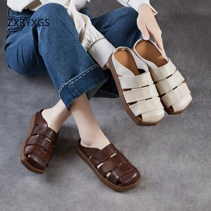 ZXRYXGS 2026 Classic Retro Premium Cowhide Women's Real Leather Slippers Outdoor Wear Soft Non-slip Flat Slippers Summer Shoes