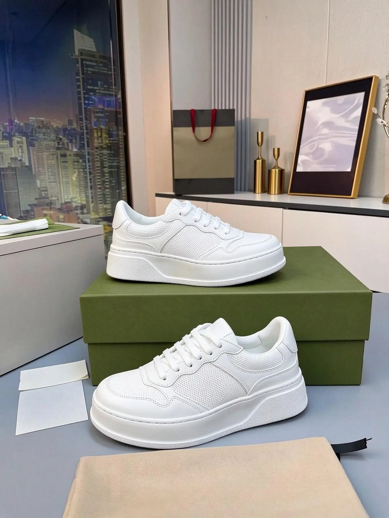 Unisex White Perforated Faux Leather Skate Sneakers, Lace Up Thick Platform Low Top Casual Street Board Shoes