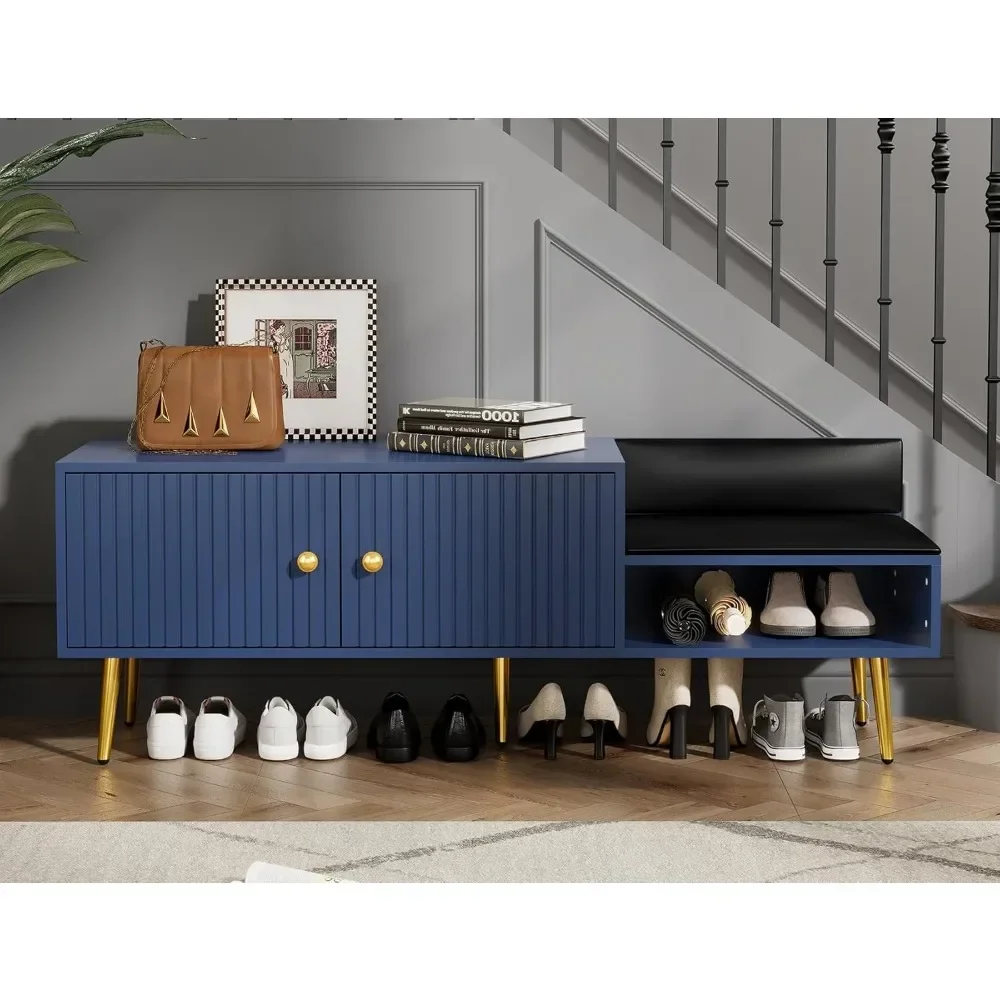 

Shoe Cabinet Bench with Storage and Upholstered Seating Cushion for Bedside, Living Room, Mud Room, Navy