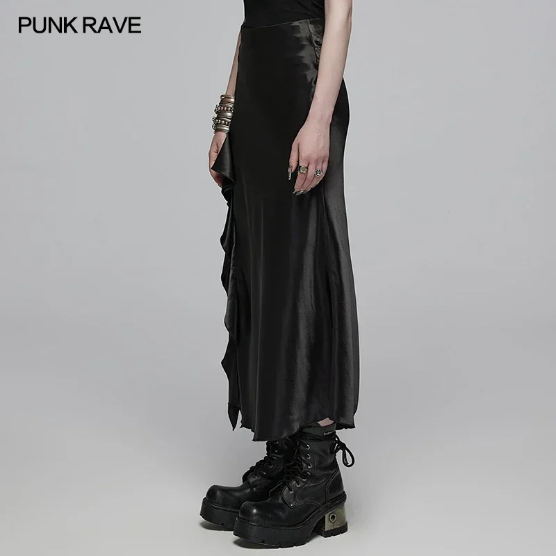 PUNK RAVE Women's Daily Asymmetric Side Draping Cut Ruffled Edges Skirt Gothic Black Long Skirts Women Clothing