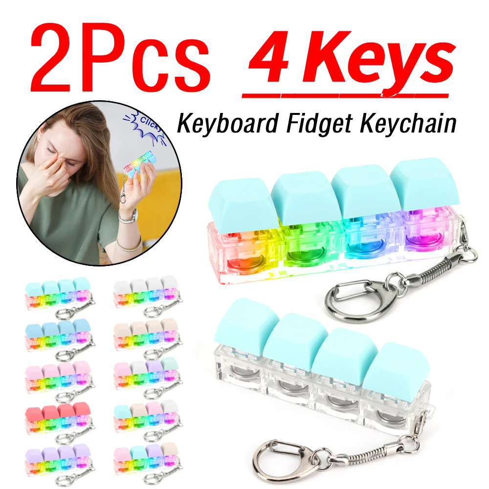 

2Pcs Keyboard Fidget Keychain 4 Keys Mechanical Keyboard Decompression Tester with LED Light Keyboard Clicker DIY Button Gifts