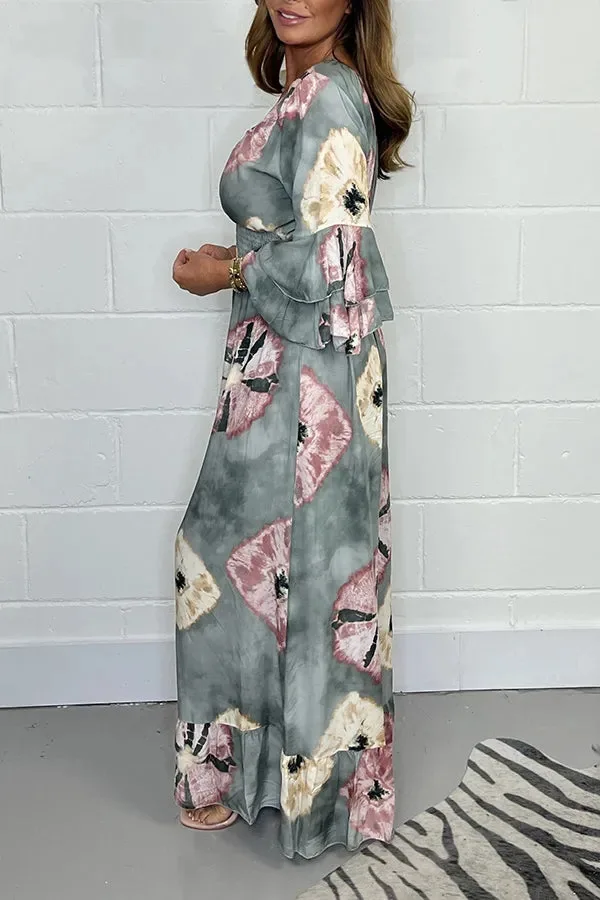 BKLD 2025 Summer New Fashion Printed Women Clothing One Pieces Deep V-Neck Ruffles Long Sleeve Wide Leg Pants Jumpsuits