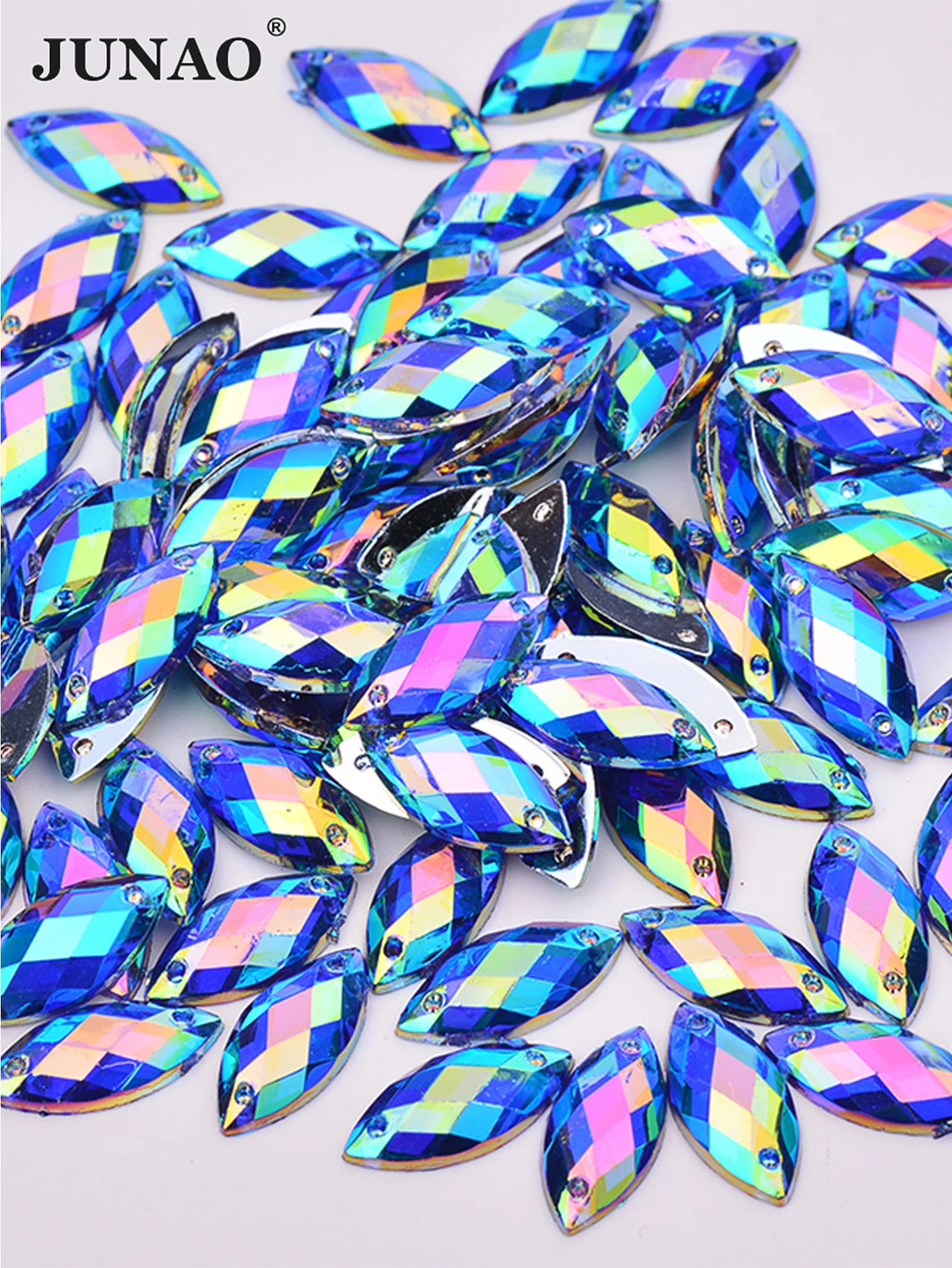 JUNAO 100pcs 7x15mm Silver Horse Eye Rhinestones Applique Flatback Acrylic Crystals Sewing Strass Stones For DIY Dress Shoes
