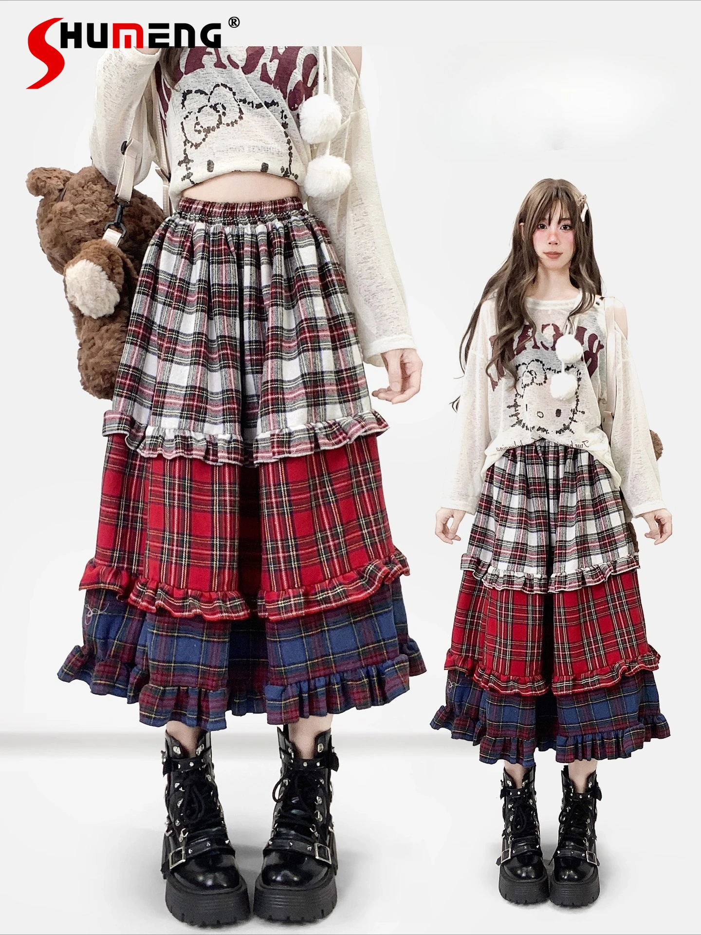 

Subculture Goth Punk Style Sweet Cool Girl Y2K Long Skirts Elastic High Waist Plaid Splicing A-line Versatile Cake Skirt Women