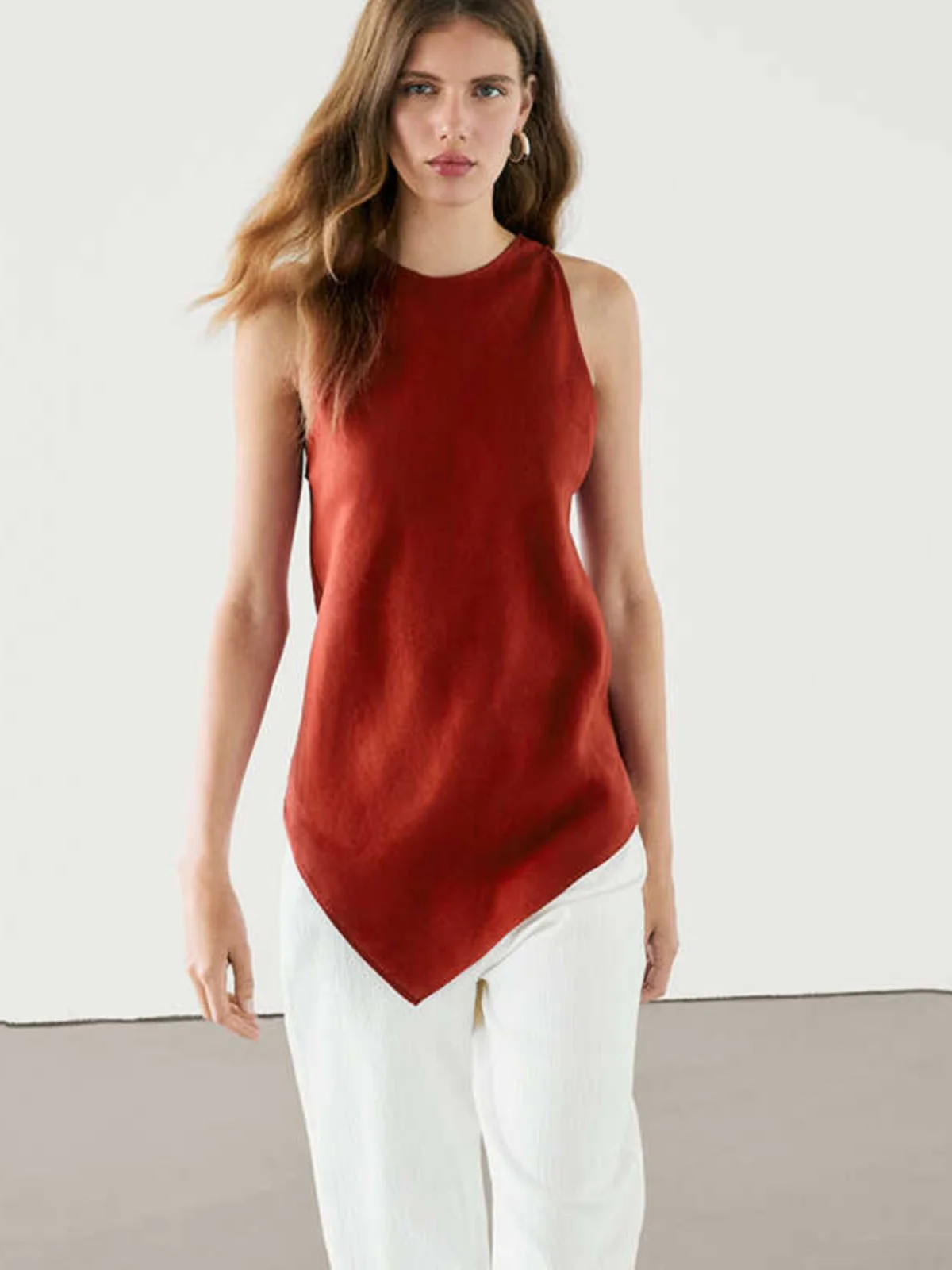 

Ele красно-коричневый асимметричный хлопок и лен Svel irt, новая летняя коллекция, женская модная повседневная миди Dr