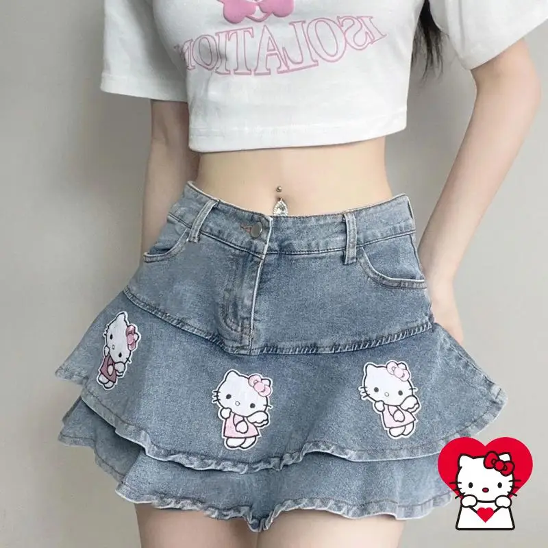 

Sanrio Kawaii джинсовая юбка Hello Kitty, летняя новая стильная милая облегающая милая повседневная удобная универсальная дышащая подруга