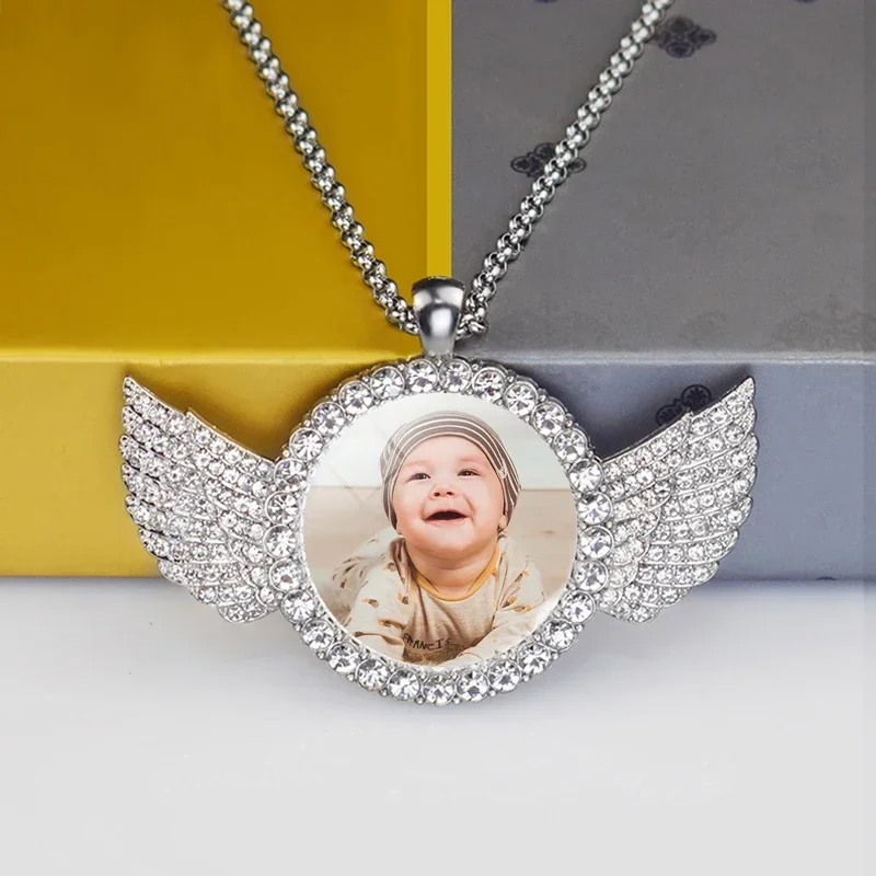 Pingente personalizado de asas de anjo com foto de bebê, corrente longa, strass, colar, cúpula de vidro personalizada, imagem, joias personalizadas