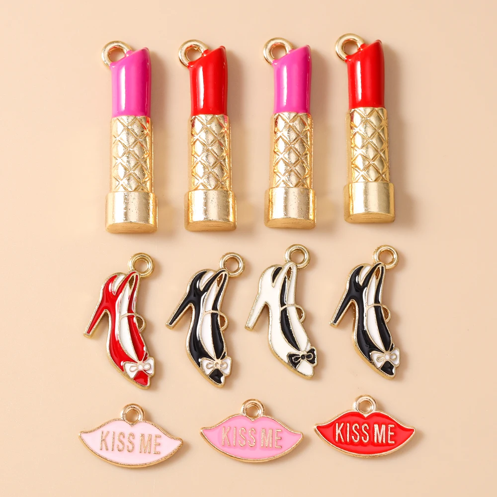 10 Stück niedliche Emaille-Anhänger in Form von roten Lippen und High Heels, Lippenstift-Charms für die Schmuckherstellung, Halsketten, Ohrringe, Armbänder, DIY-Bastelbedarf – Detail 1