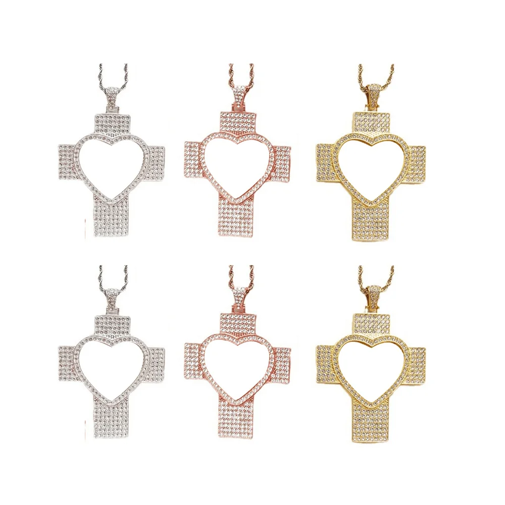 9pcs Sublimation Rhinestone Trays Heart Pendant Creative Gift Necklace Blank Rhinestone Pendants For Valentine's Day Gift