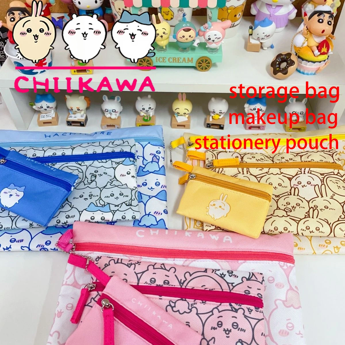 

NEW Chiikawa storage bag MINISO Cute Usachi Zipper stationery pencil case Hachiware Makeup bag three piece set Girl's Gift learn