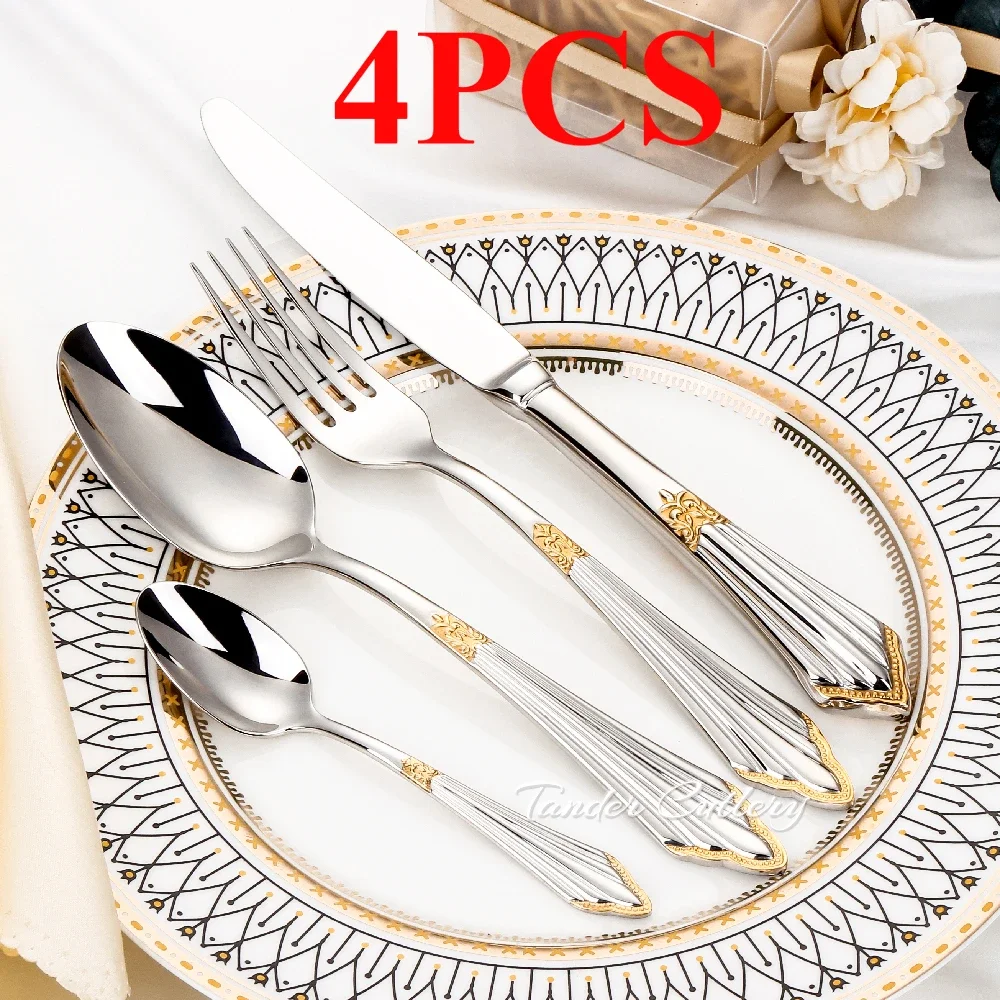 

4PCS Cutlery Dinner Set Stainless Steel Tableware Luxury Knife Fork Spoon Mirror Utensils for Kitchen Cookware Set Accessories