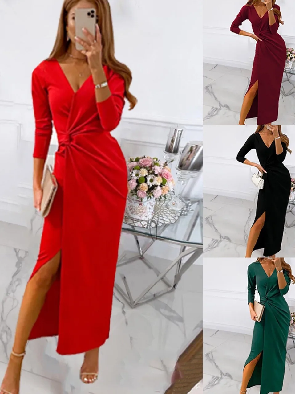 Couleur Pure Wrap poitrine longue Dr coton rouge taille Midi Ele trajet V Ne Slim Fit moulante Dr robe de soirée