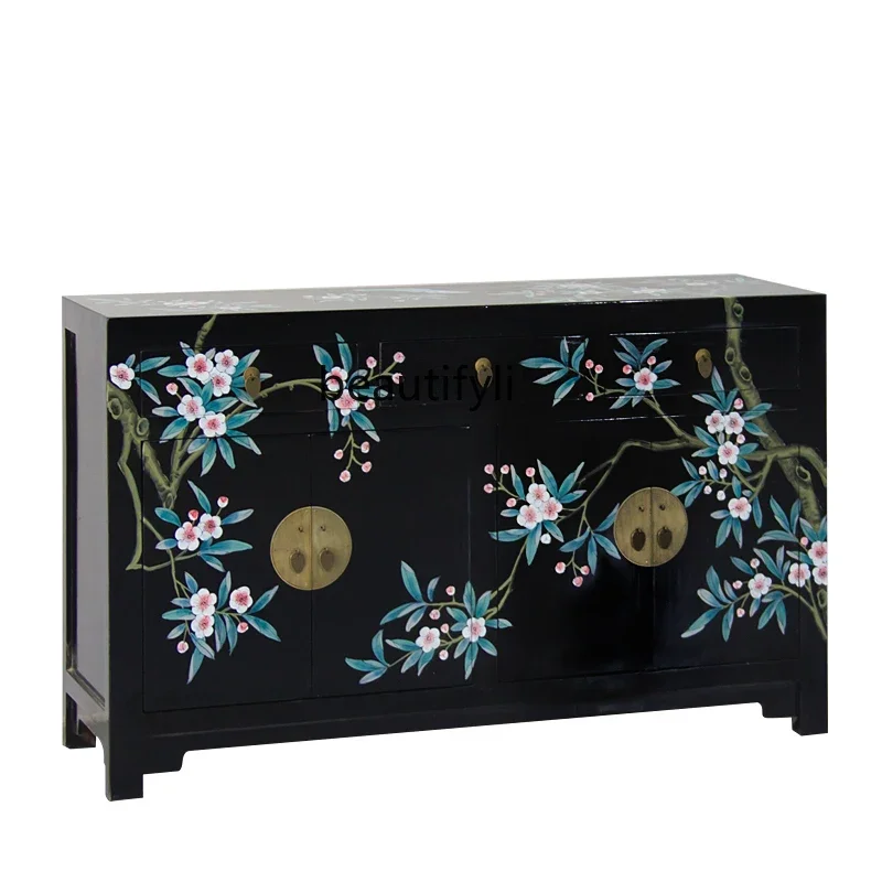 

ss8350 Chinese retro painted dining side cabinet old elm made old locker, hand painted classical, foyer, shoe cabinet