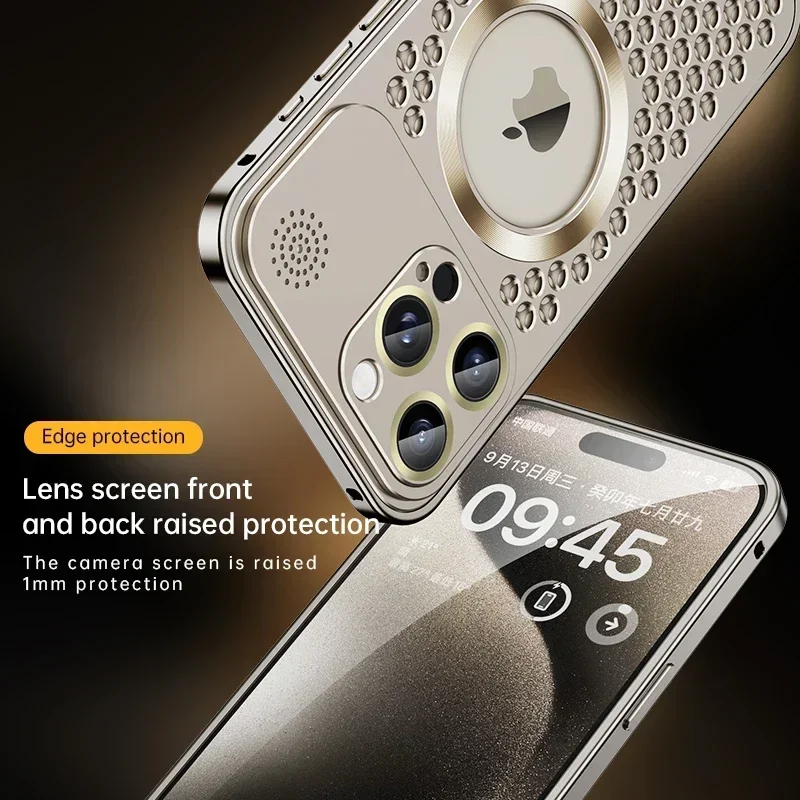 Honeycomb Heat Dissipation Phone Case For iPhone 14 15 16 Pro Max Plus Magsafe Wireless Charge Lens Film All-Metal Phone Cover