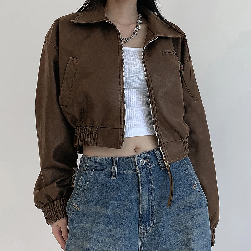 HEYounGIRL koreańska moda brązowa kurtka z PU Y2K Vintage jesień Casual Faux Leather płaszcz z zamkiem błyskawicznym Harajuku Streetwear znosić Lady