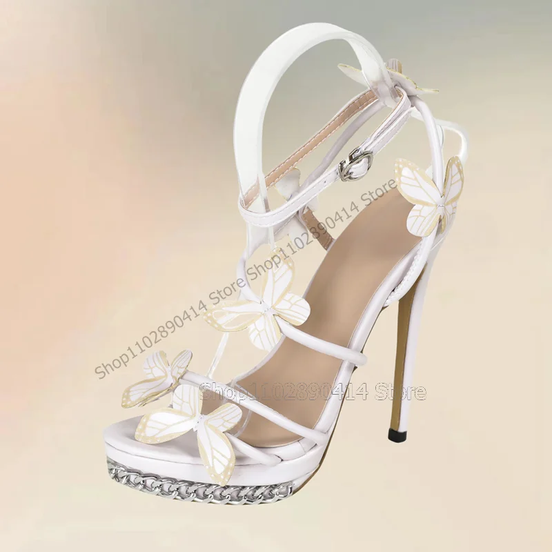 

White Butterfly Metal Chain Decor Open Toe Sandals Ankle Buckle Strap Women Shoes Thin High Heels Novel 2023 Zapatos Para Mujere