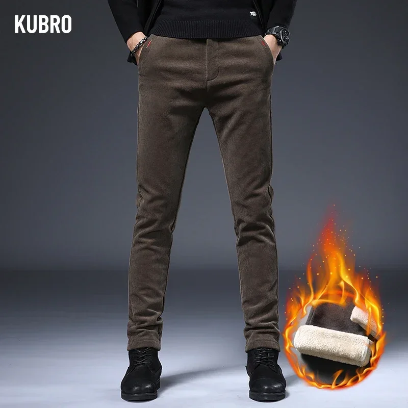 

KUBRO 2023 New Autumn Winter Corduroy Pants Men Stretch Thick Elastic Slim Fit Korean Classic Brown Trousers Male Brand Clothing