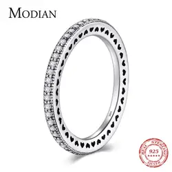 Modian Authentic 925 Sterling Silver Hearts Ring Clear CZ Fashion Stackable Vintage Classic Luxury For Women Engagement Gift