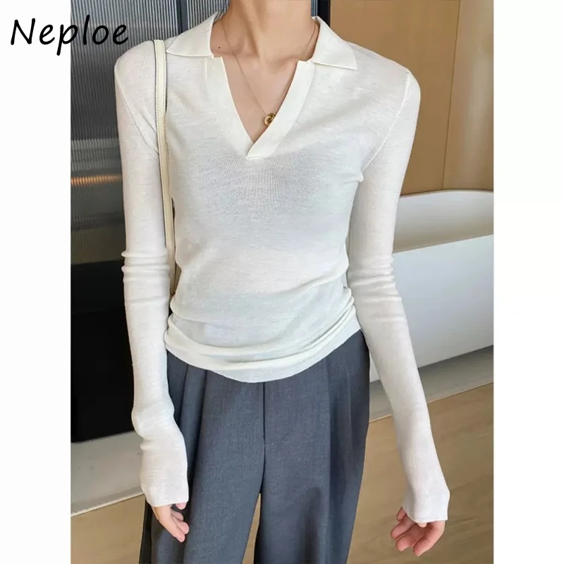 Neploe Turn Down Collar Solid Color Long Sleeve Knitted Design Sense Pull Femme Pullover Korean Trendy All-match Sweater Y2K