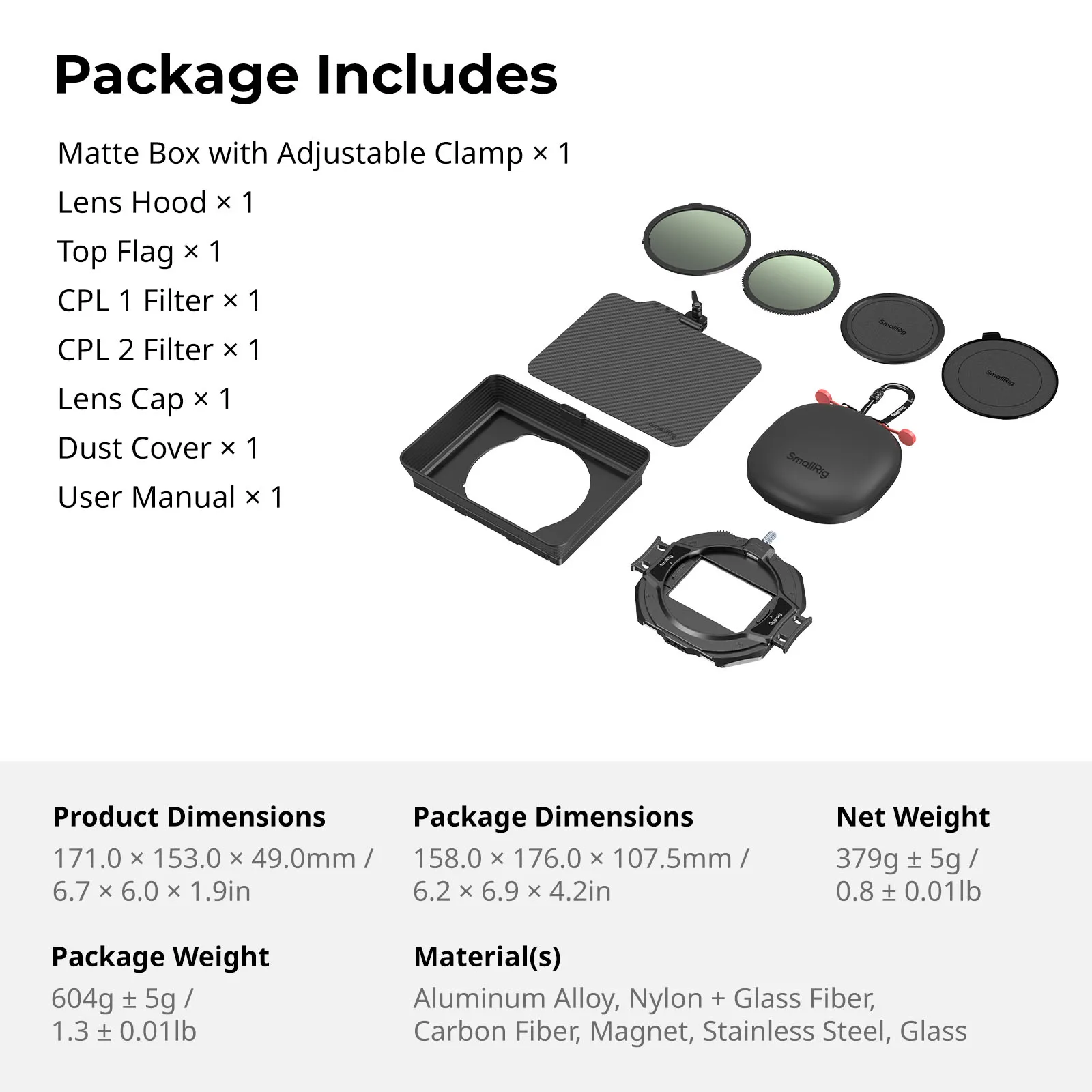 SmallRig Matte Box met verstelbare klem en VND-kit met bovenvlag zonnekap, voor spiegelloze DSLR-camera's, 67-82 mm verstelbaar -4411