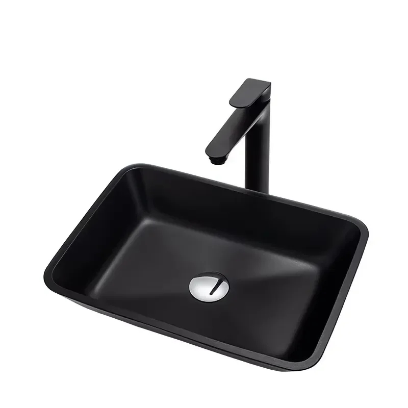 Modern Black Rectangular Bathroom Sink with Splash Basin and Full Faucet Set