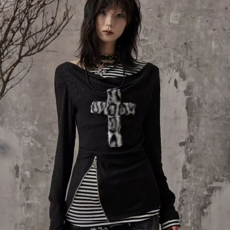 

Y2K American Vintage Design Fake Two T-shirts Autumn New Subculture Harajuku Striped Long Sleeve T Shirts Women Punk Slim Tops