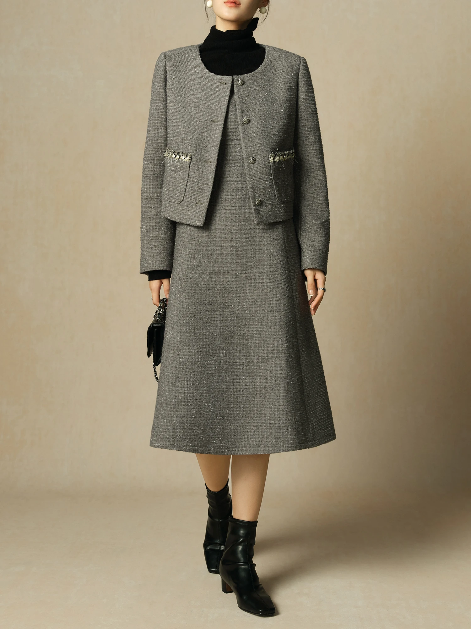 DUSHU Women Winter Coat Dress Set 17.7% Wool Short Tweed Jacket Gentle Style Round Neck Coat Grey Tank Dress 24DH84071+24DH84614