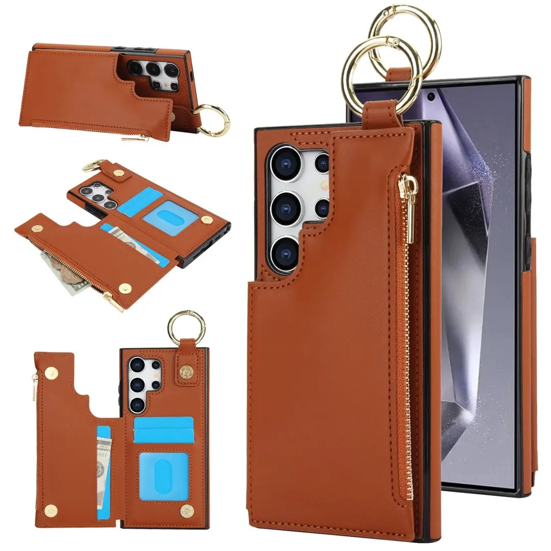 

Ring Zipper Wallet Card Slot Holder Leather Phone Case For Samsung Galaxy S25 S24 Ultra S23 S22 Plus Flip Stand Cover