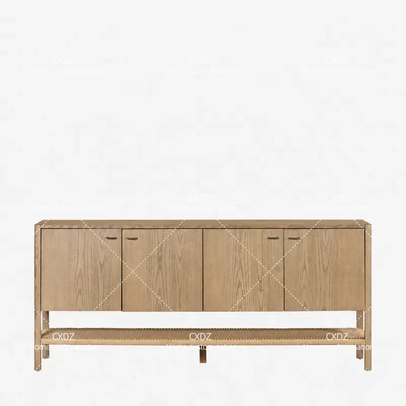 American Retro Solid Wood Side Cabinet with Braided Rope Design Medieval Wall Storage Unit for Living Room Small Apartment