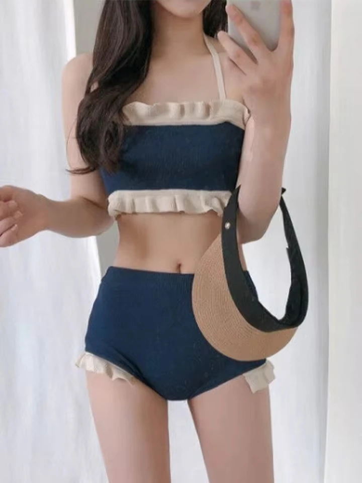

Vzvn Korean Sexy Spaghetti Strap Ruffles Bikinis Women Split Swimsuit Beach Bikini 2026 All Season Backless Bikinis 2 Piece Set