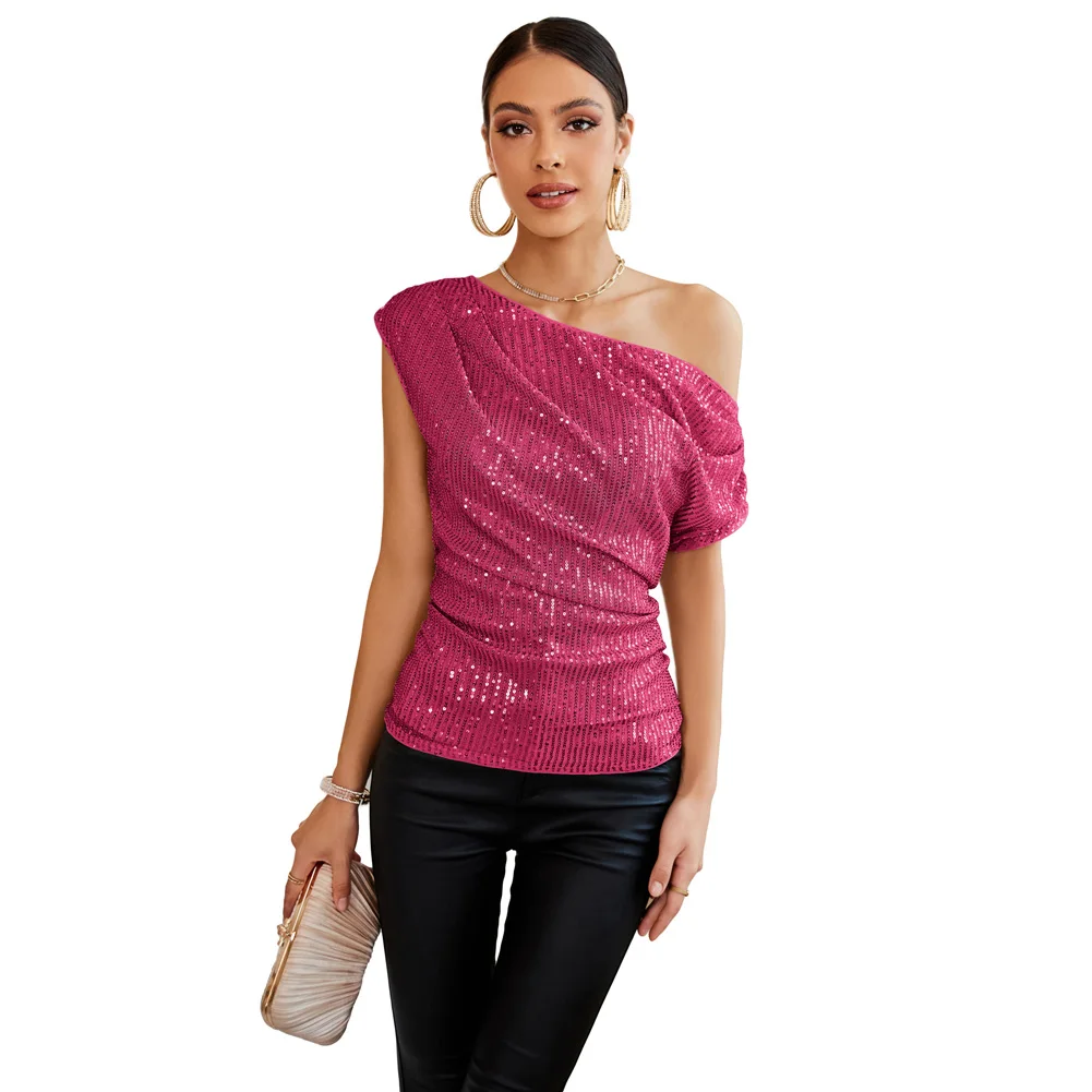 GK-Pull Plissé Asymétrique à Paillettes pour Femme, Chemise de Soirée, Discothèque, Été