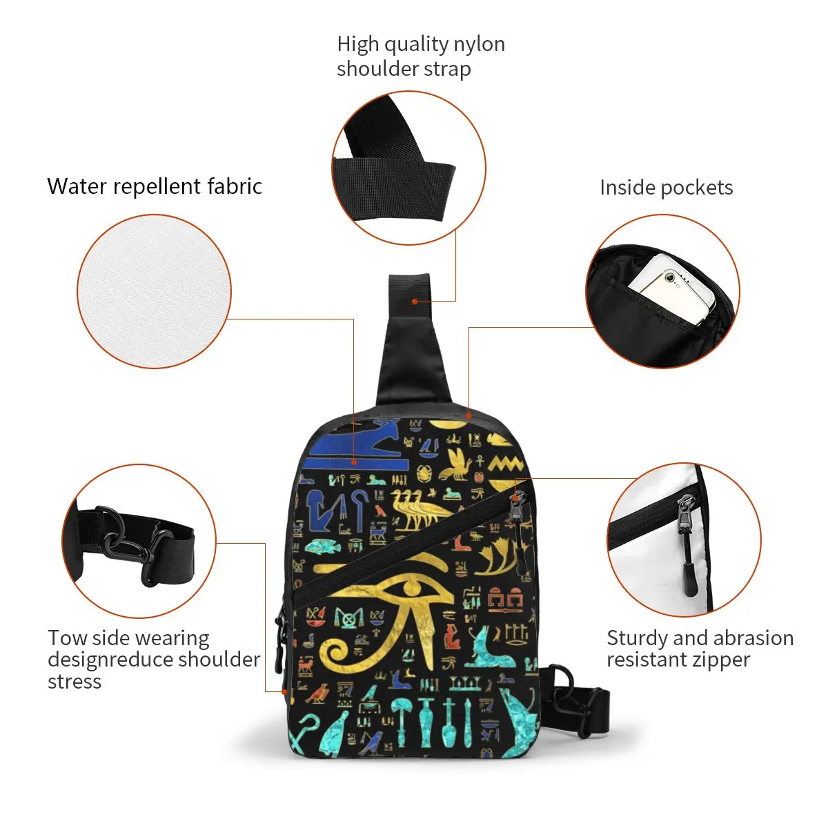 Colorful Ancient Egyptian Hieroglyphic Pattern Sling Bag for Men Egypt Shoulder Chest Crossbody Backpack Cycling Camping Daypack