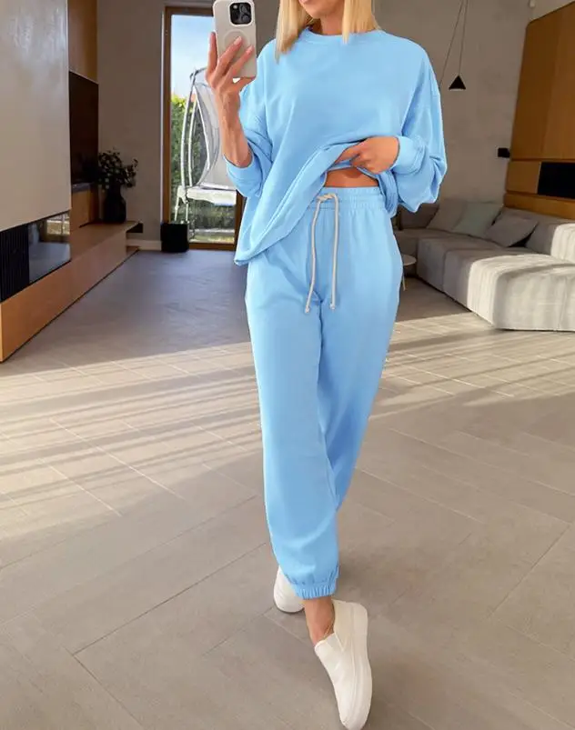 

2 Pieces Outfit Round Neck Long Sleeve Sweatshirt and Casual Waist Lace Up Pants Set