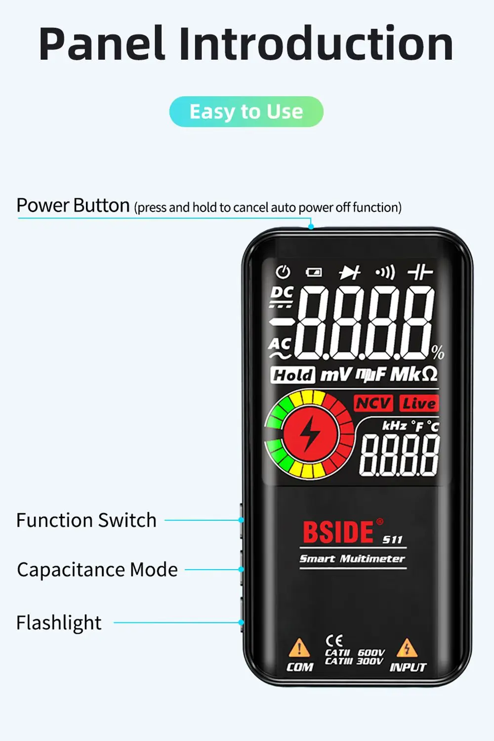 BSIDE S10/S11/S20 DC AC 9999 Digital Profesional Meter Digital Smart Multimeter Color LCD Display Voltage Detector