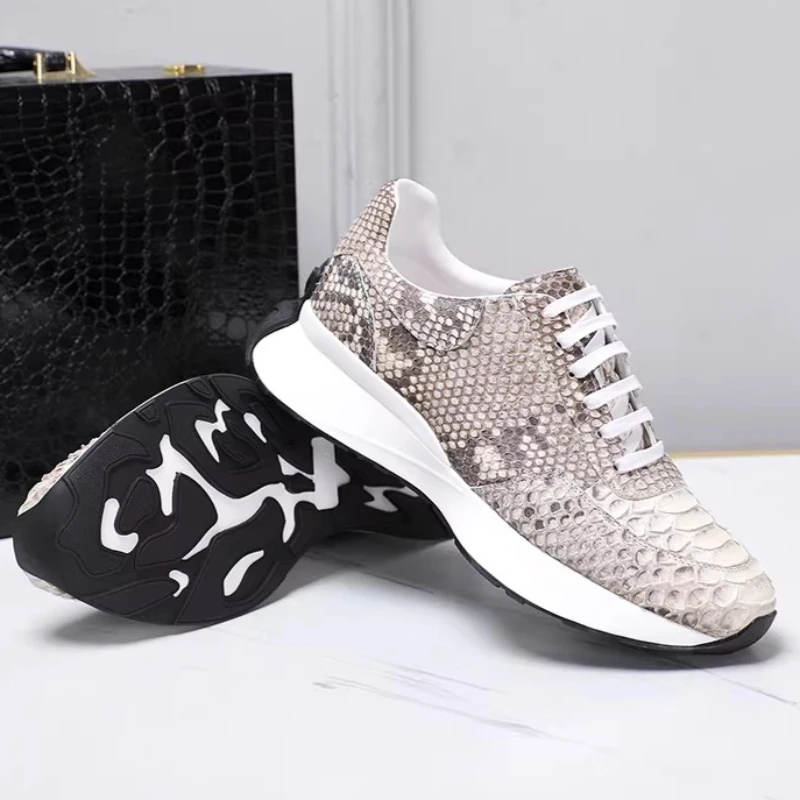 Snake Skin Hand-sewn Casual Sports Shoes for Men's Breathable Fashionable Soft Lightweight Thick Soled Height Increasing Shoes