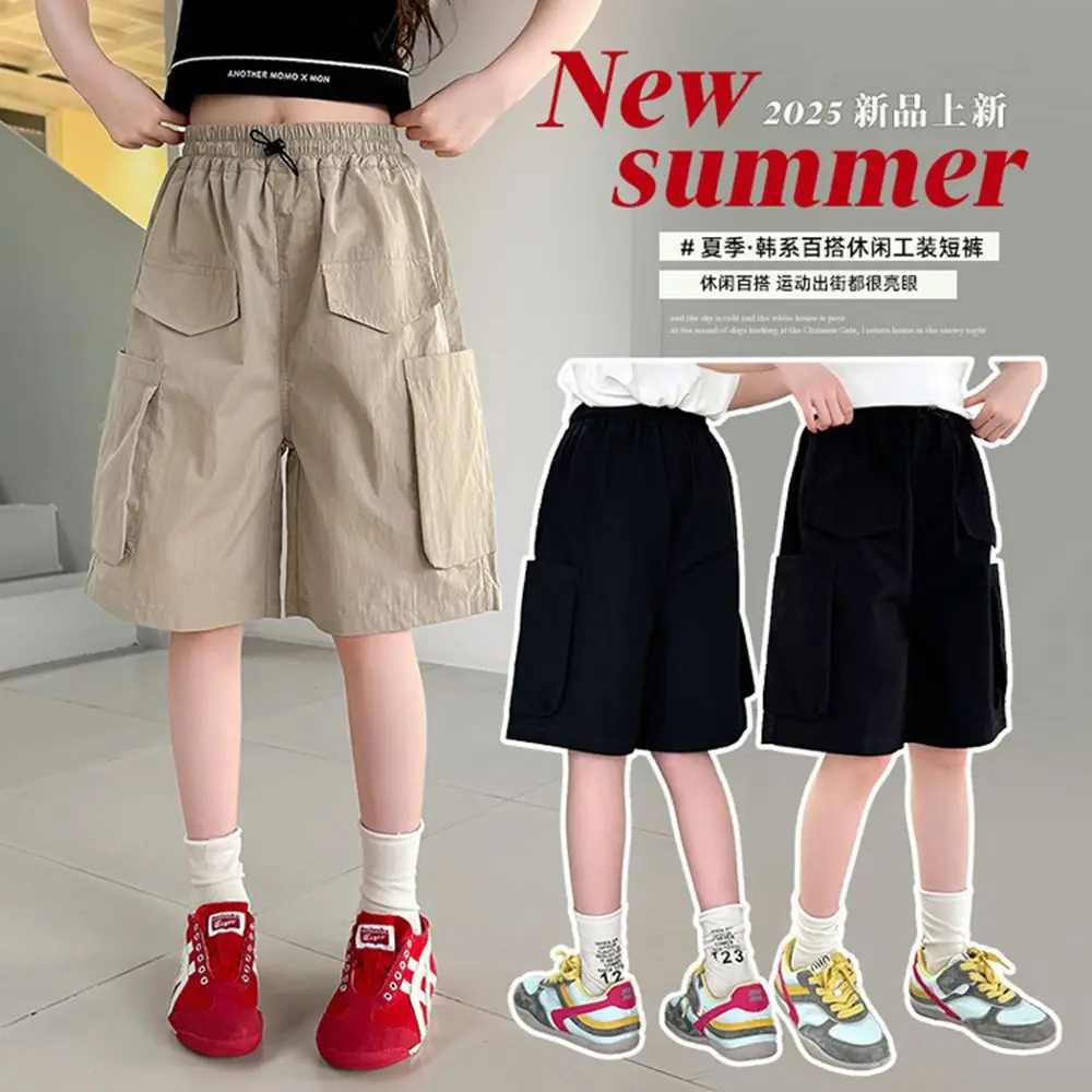 2026 New Summer Girls Cotton Cargo Shorts with Side Pocket for Children Casual Knee Length Pants Khaki Black Color Age 5-14 Y
