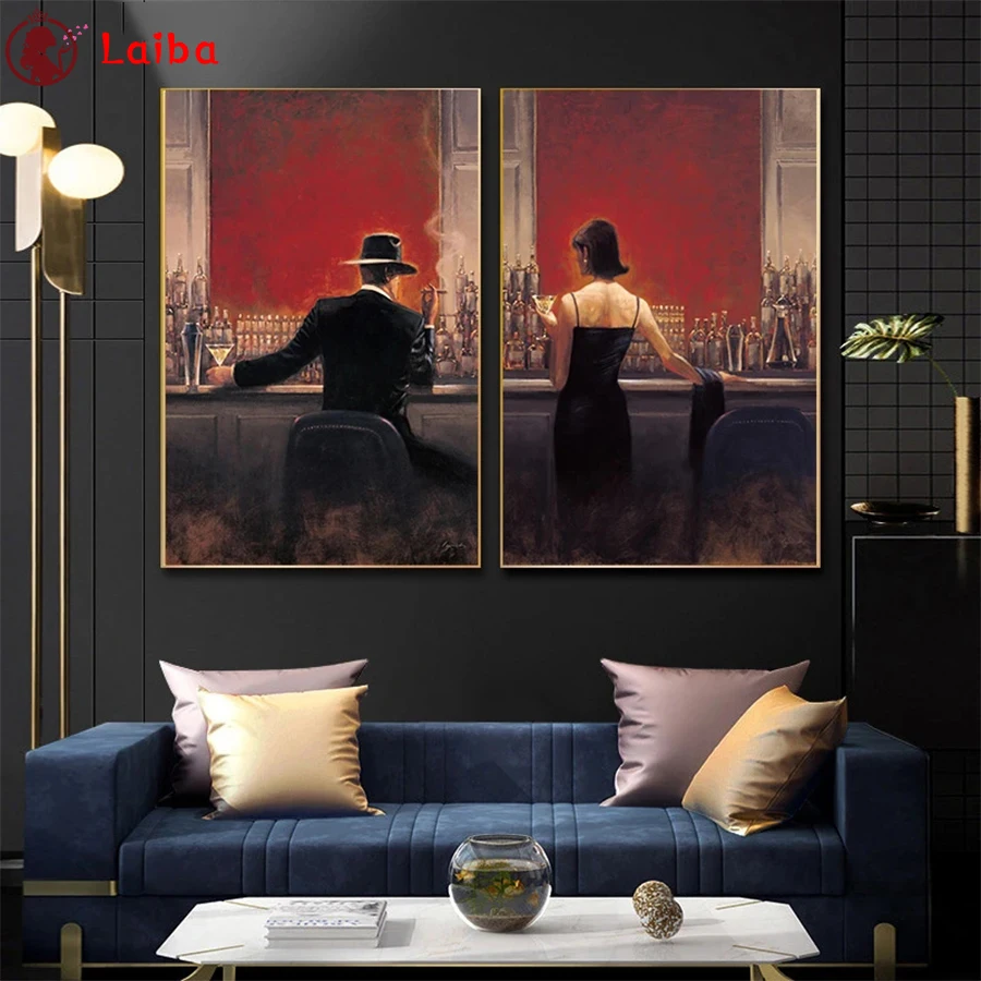 Full Square Diamond Embroidery, Modern Art, Gentleman and Girl Bar, Diamond Painting, Cross Stitch, Home Decoration, Sale, 2Pcs