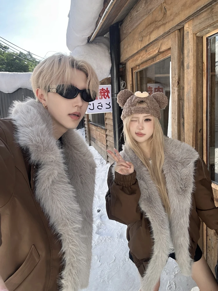 

Couples Winter Thiened Warm Cotton Jaet American Sle Retro Suede Flannel Car Eagle Pattern Youth Faionable Coat