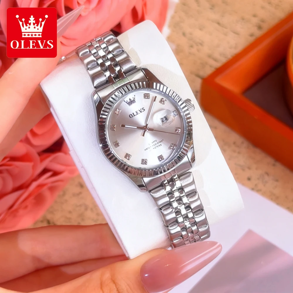 OLEVS Women's Watches Trend Fashion Silver Stainless Steel Original Brand Wristwatch Big Date Texture Threaded Bezel Waterproof